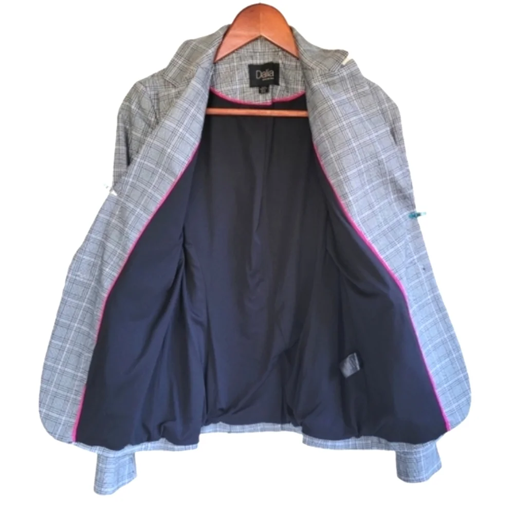 Dahlia Plaid Fully Lined Gray Blazer Jacket Women's XS Academia Preppy